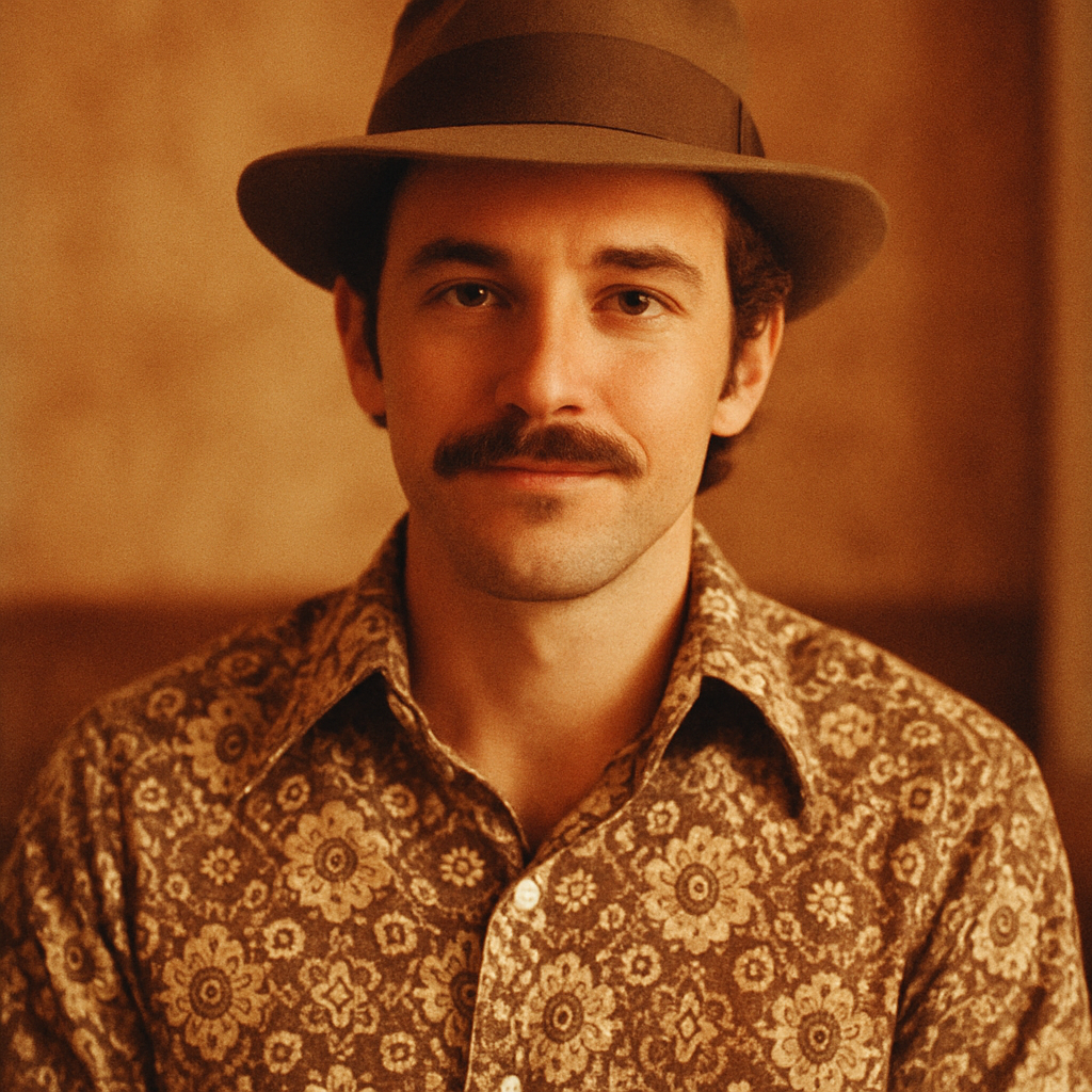 Film photo of a man in a patterned button-up shirt and fedora, 70s look, warm nostalgic tones