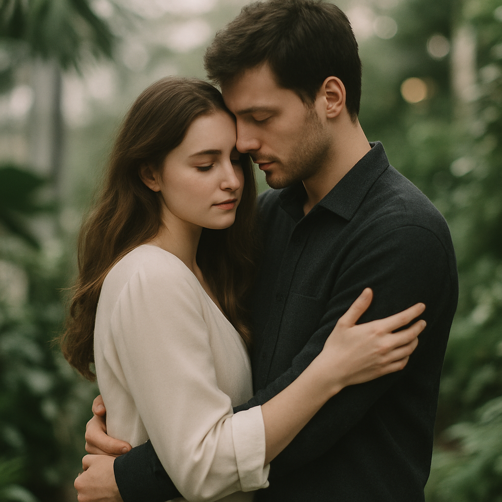Couple embracing in a Kyiv botanical garden