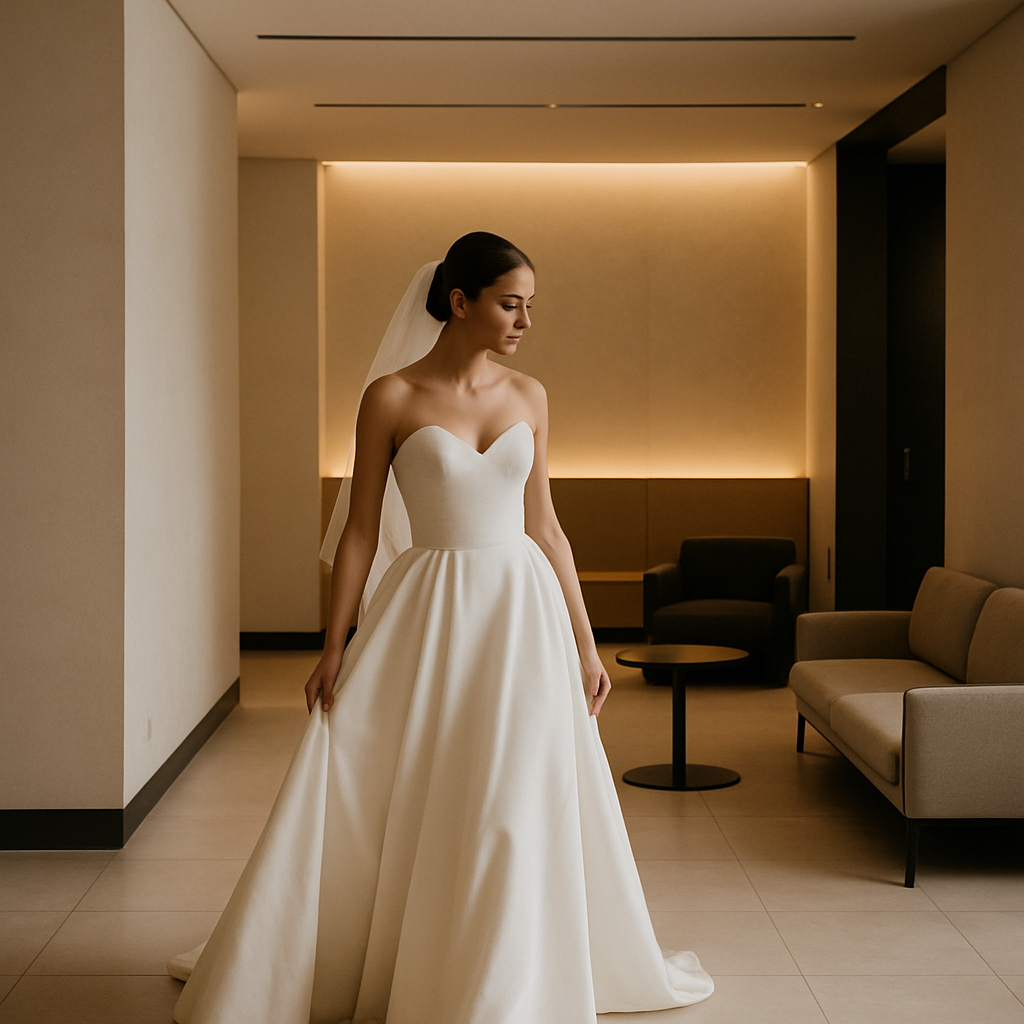 Bride walking through a minimalist hotel lobby