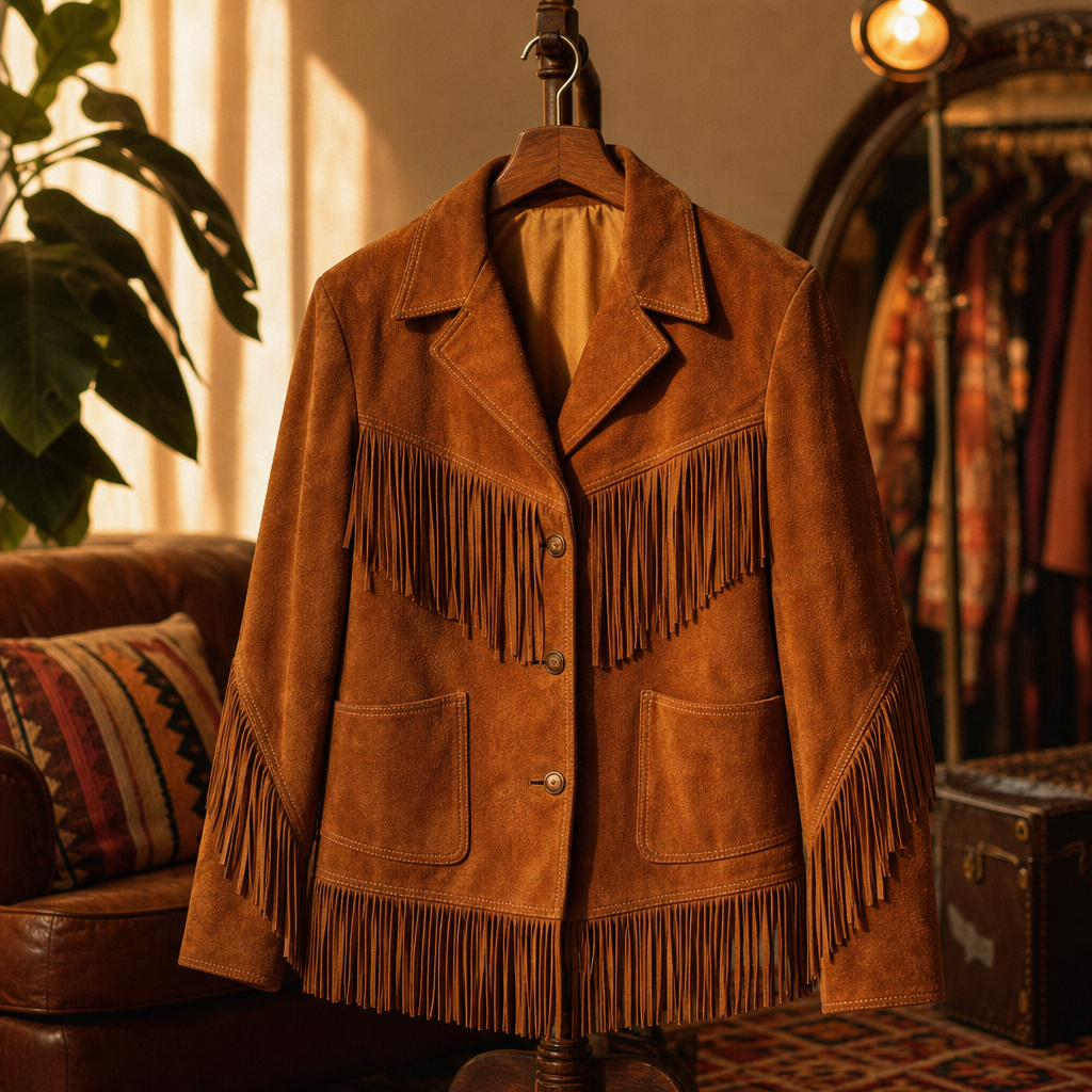 1970s-inspired caramel suede statement layer with fringe movement and worn-in character.