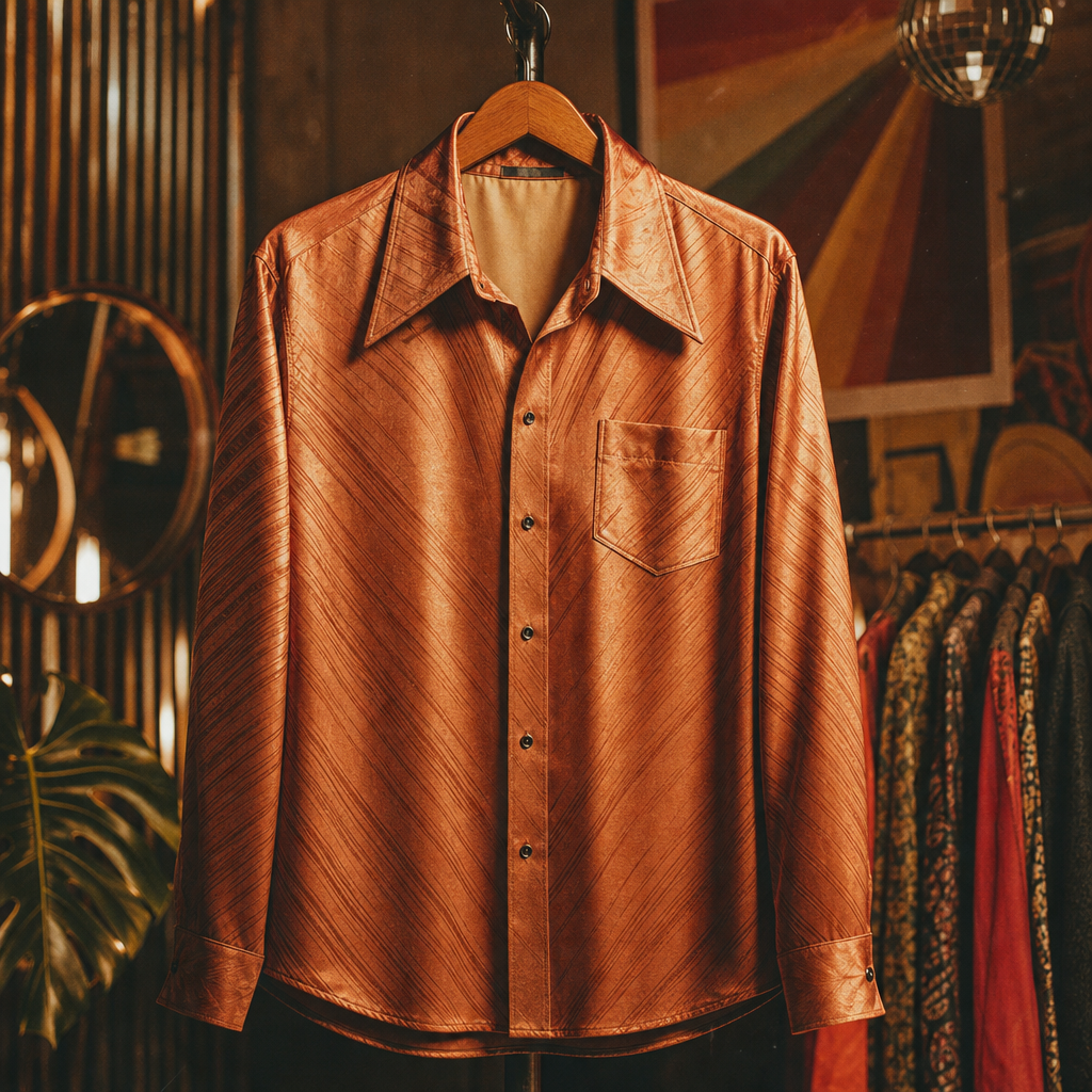 Glossy 80s satin button-up with a bold silhouette and retro party energy.