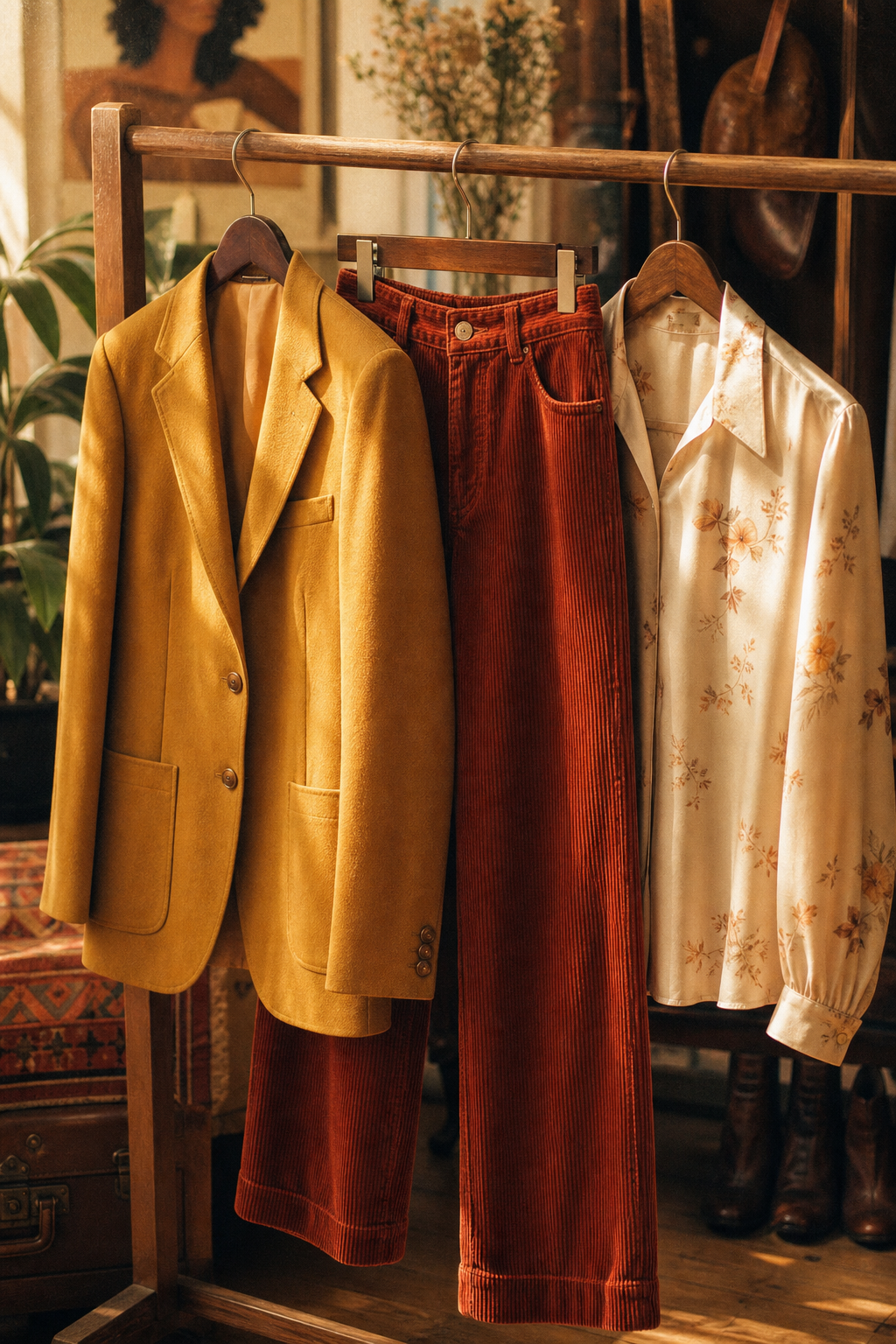 Warm film-style editorial photo of curated vintage clothing on a wooden rack with a mustard blazer, rust corduroy pants, and a cream silk blouse, soft sunlight and grainy texture