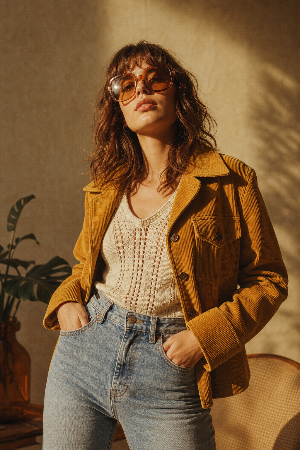 Model wearing a mustard corduroy jacket and high-waisted denim in warm golden light