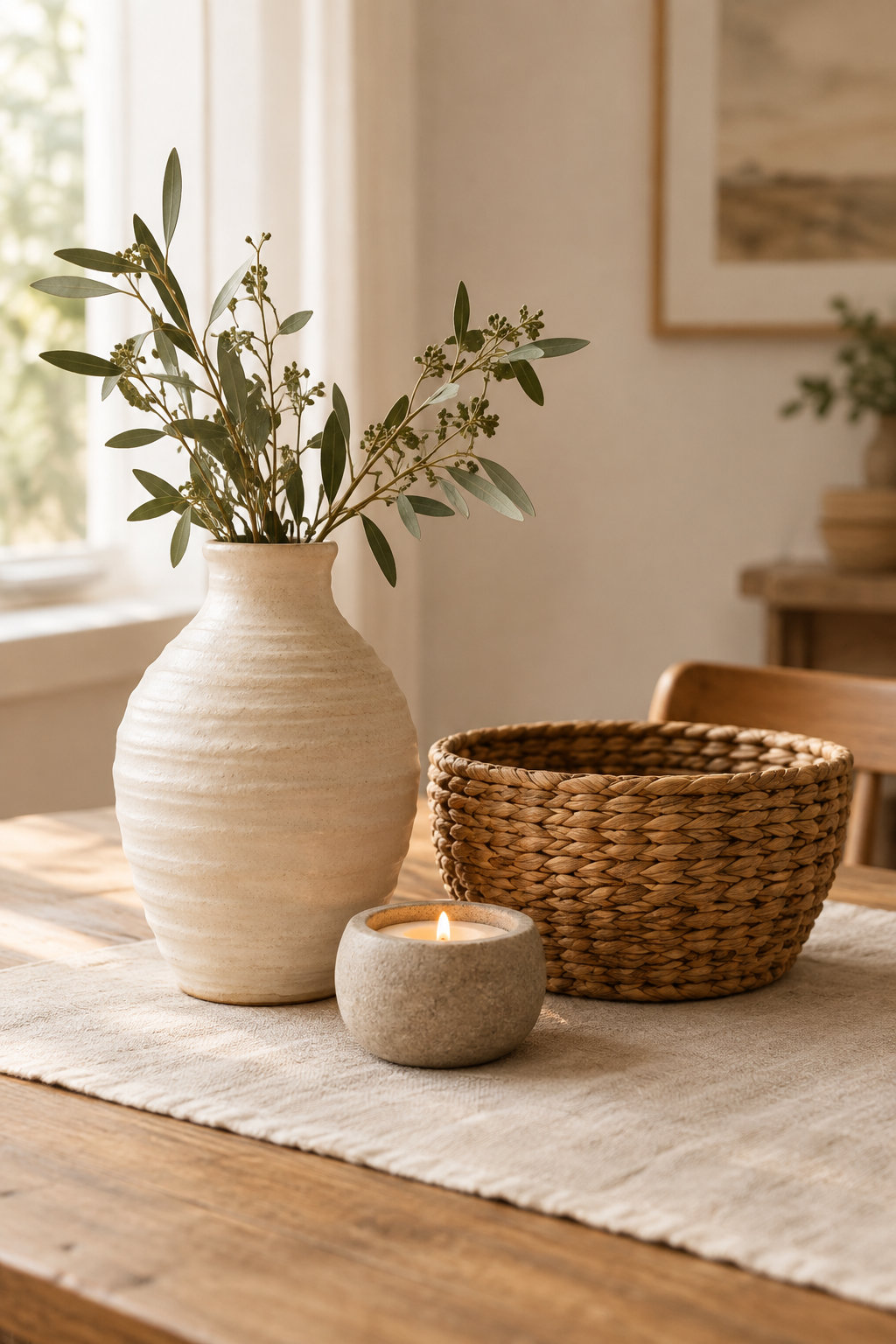 Styled tabletop with handmade ceramic vase, woven basket, and candle holder showing tactile natural textures in warm daylight