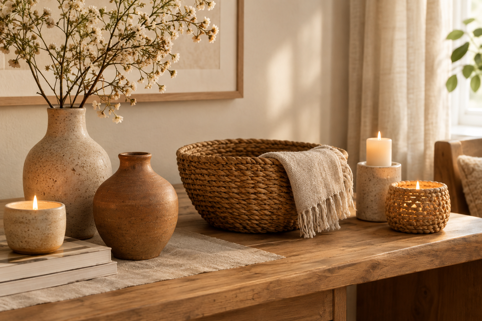 Warm handmade home decor arrangement with ceramic vases, woven baskets, and candle holders in soft natural light
