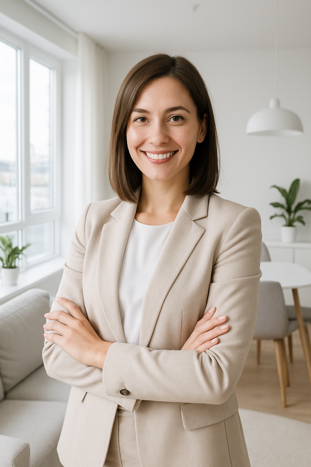 Olha Melnyk standing in a bright modern Kyiv apartment, smiling confidently