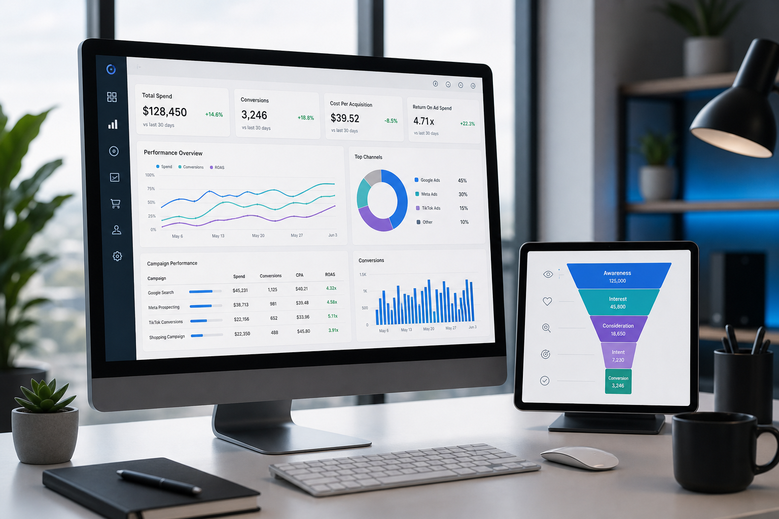 Refined growth-operations workspace with analytics charts, campaign planning notes, and performance dashboard on modern screens