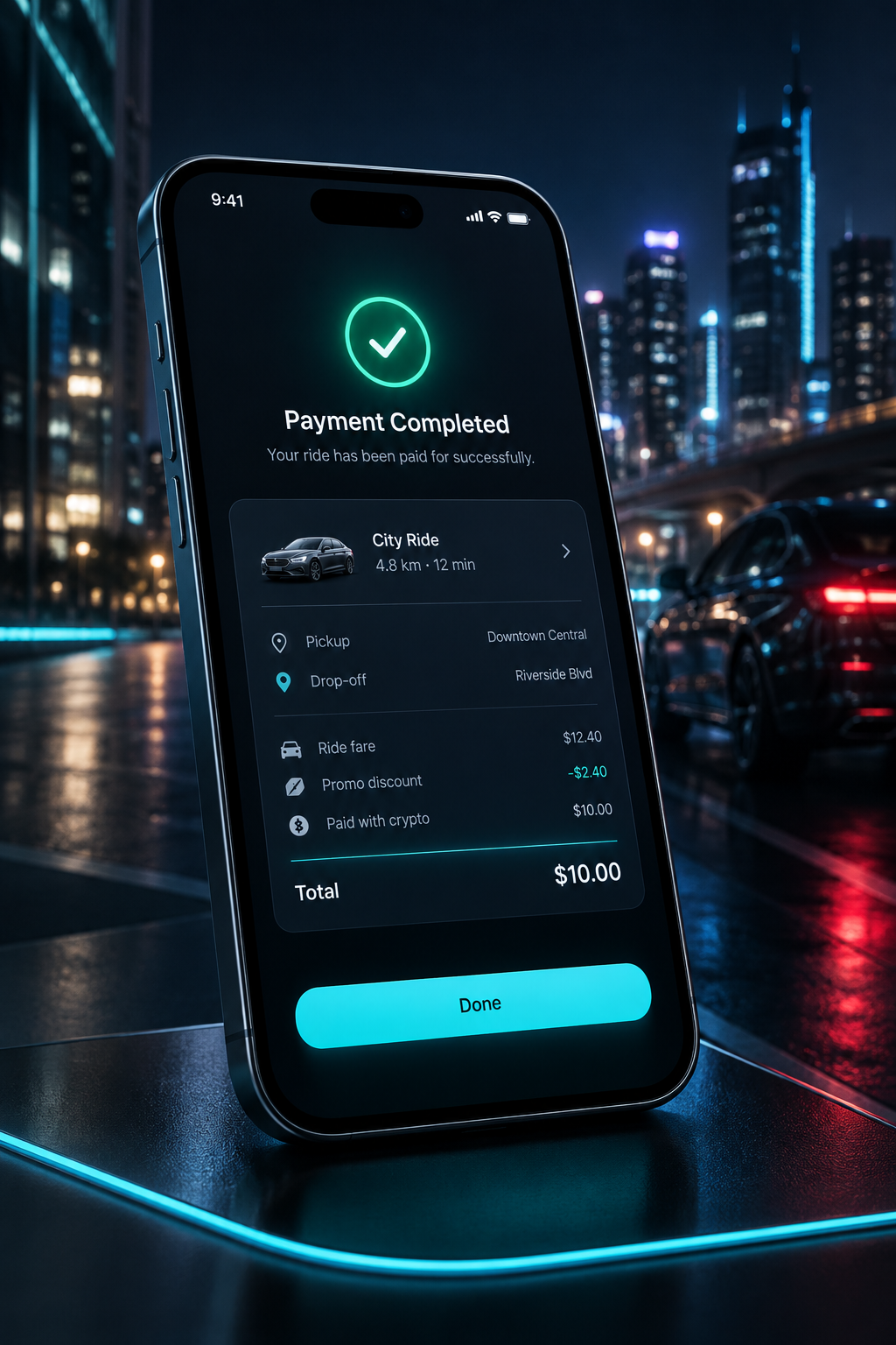 Refined mobile payment interface in dark mode with subtle cyan accents showing a successful ride payment confirmation