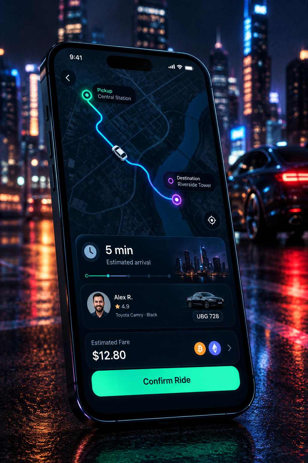 Polished mobile app interface showing an active ride booking status, driver card, pickup route map, and confirm ride controls in a sleek dark UI