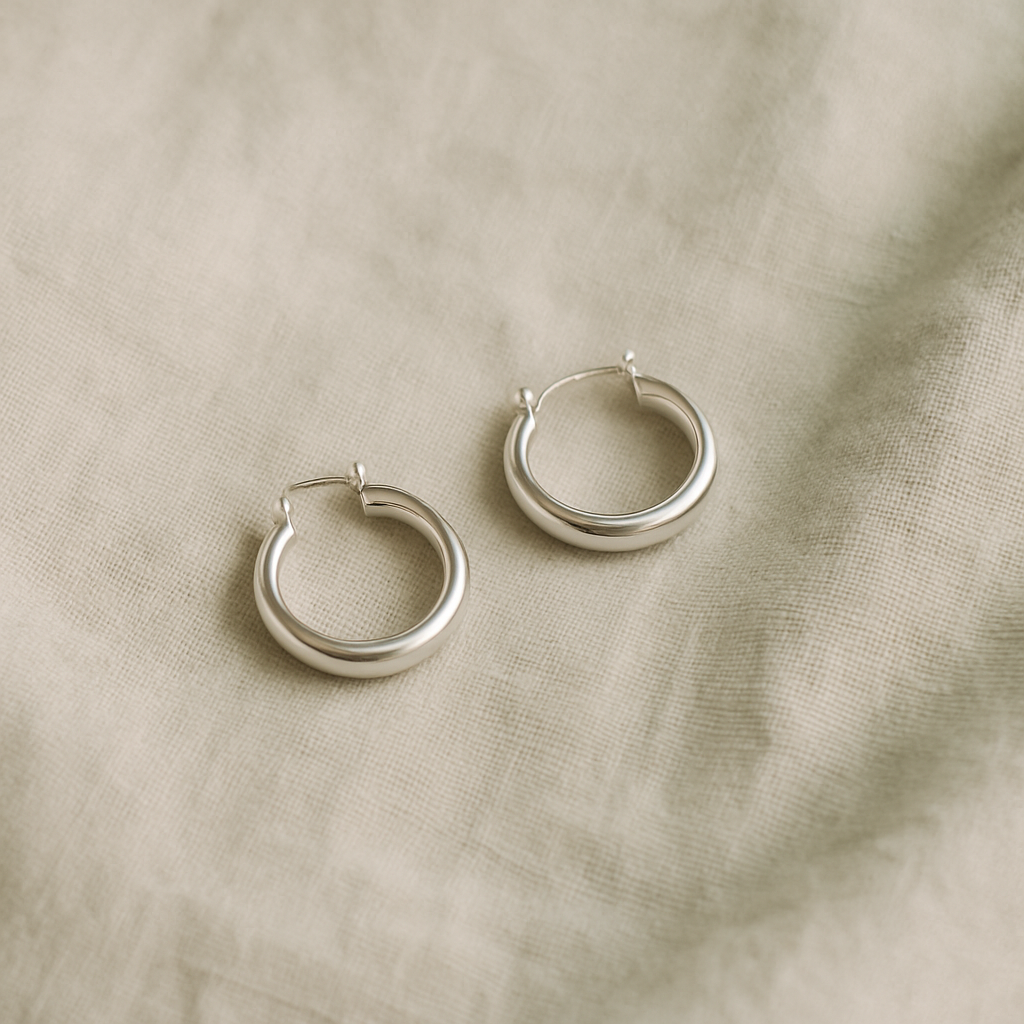 Pair of small hoop earrings on a soft linen backdrop
