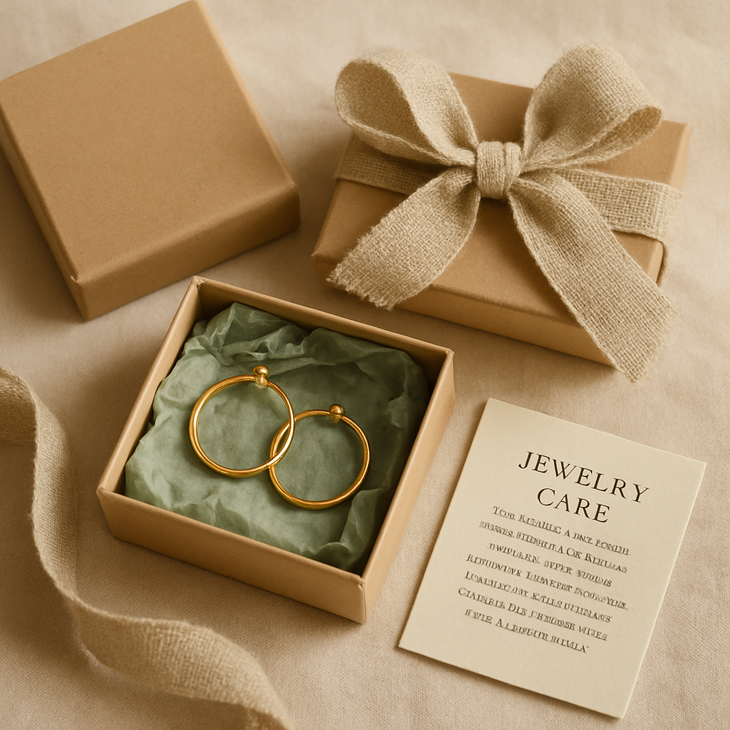 Handmade jewelry packaging with ribbon and card