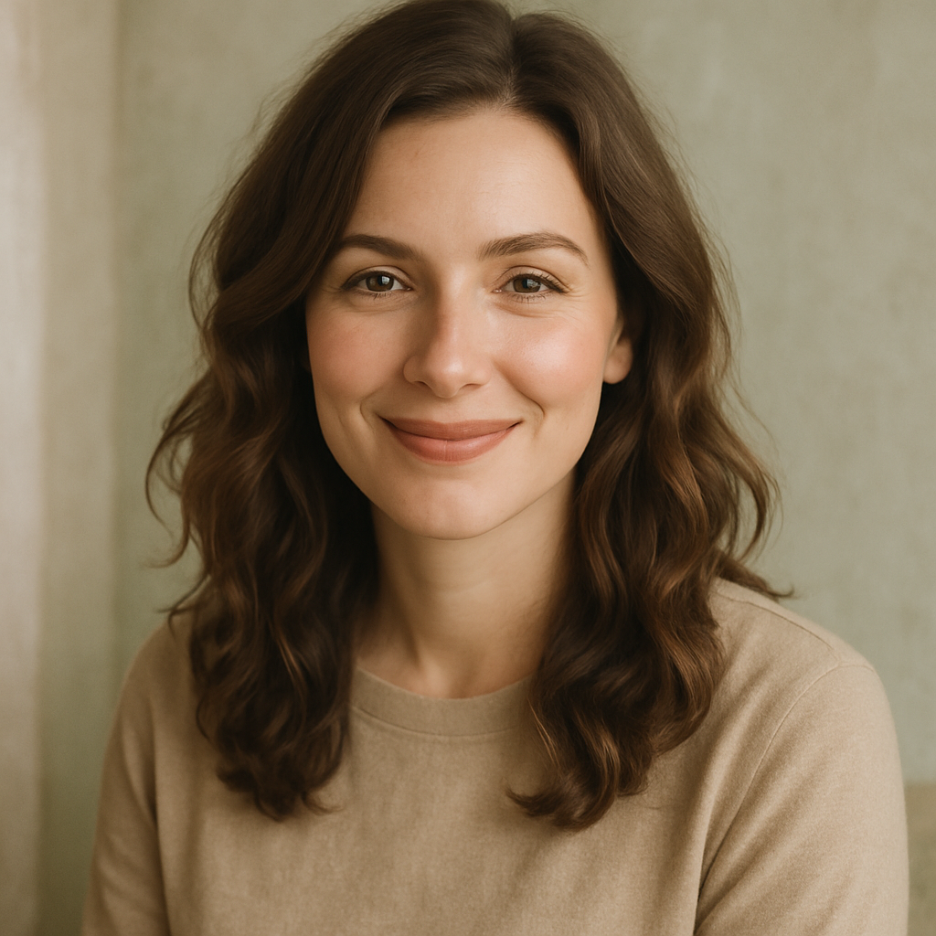 Portrait of Anya, a smiling woman with wavy chestnut hair in soft neutral tones