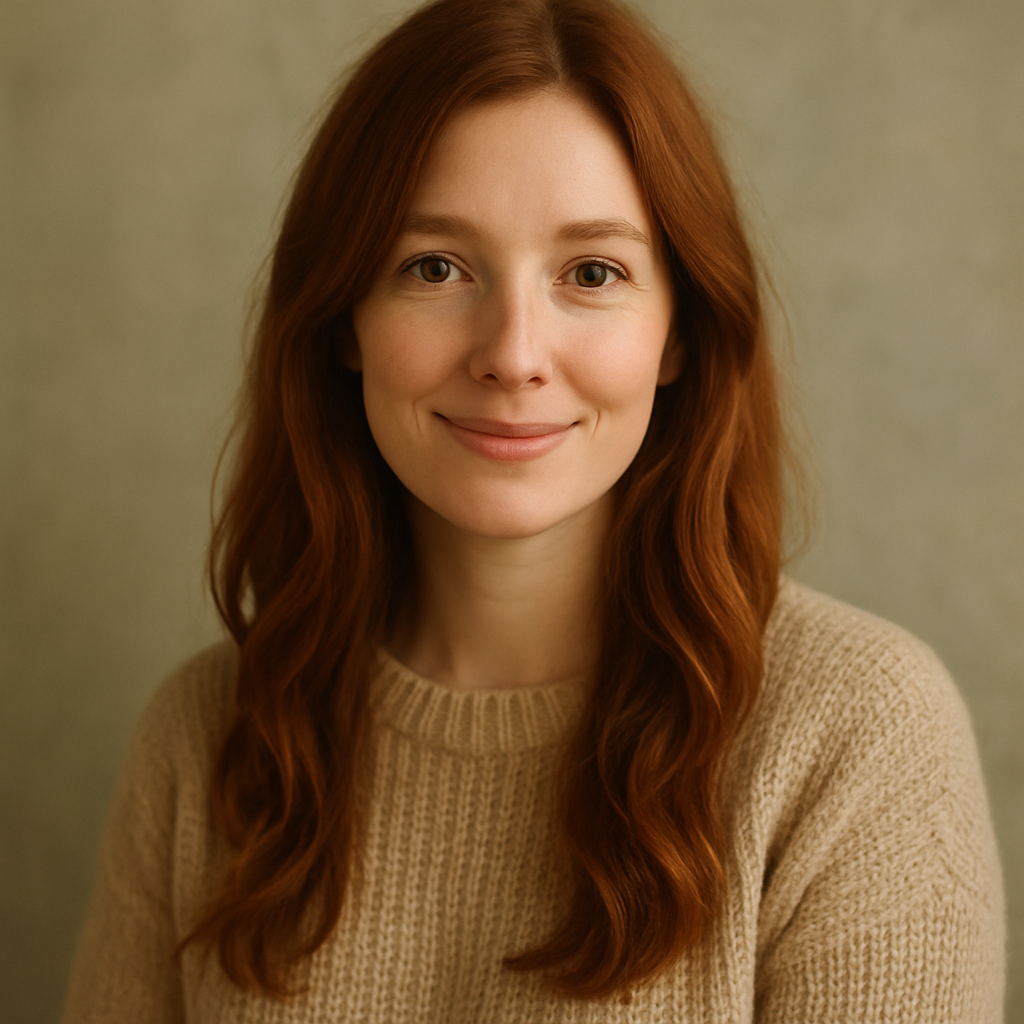 Portrait of Jules, a woman with long auburn hair and a calm smile
