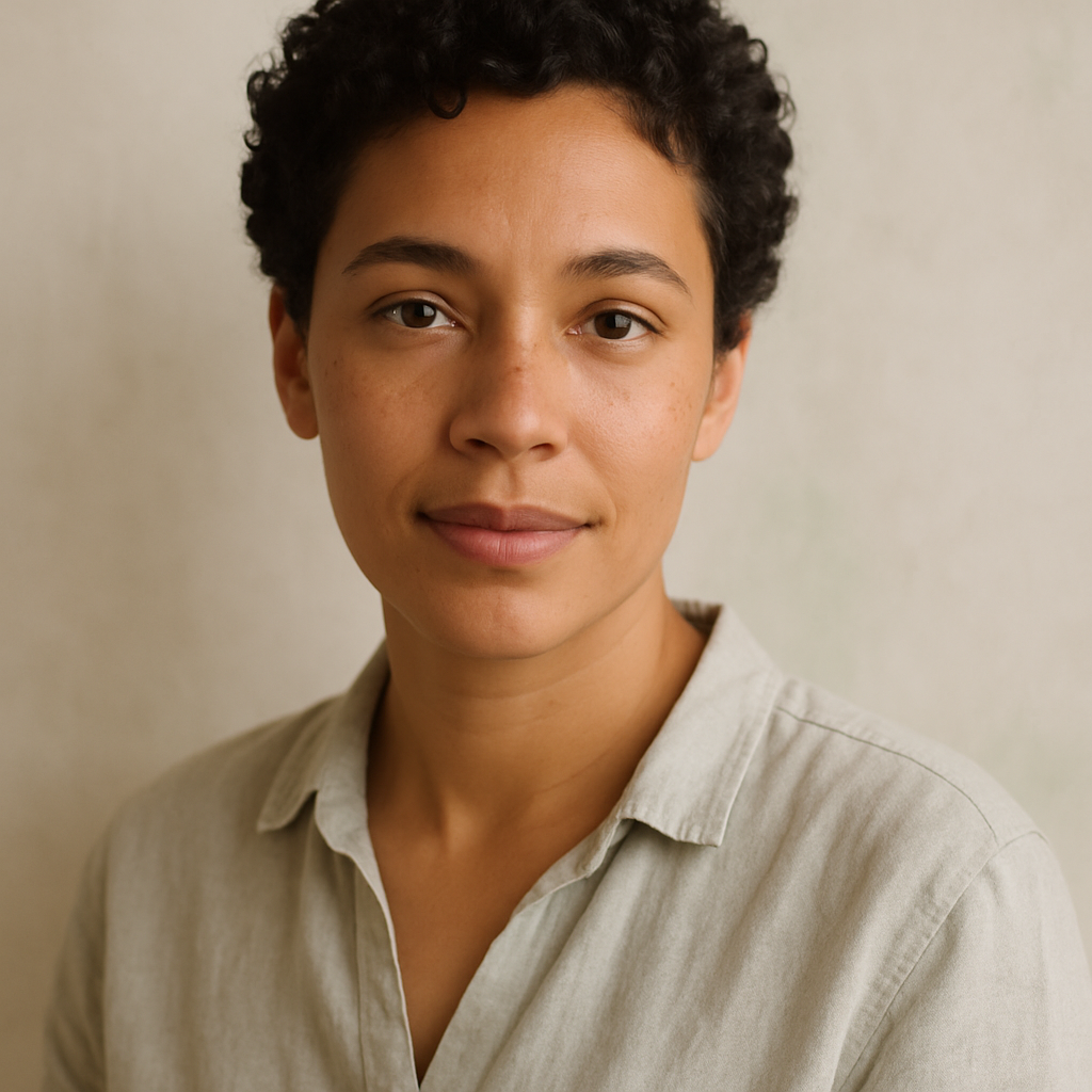 Portrait of Mara, a woman with short black curls and warm, gentle lighting