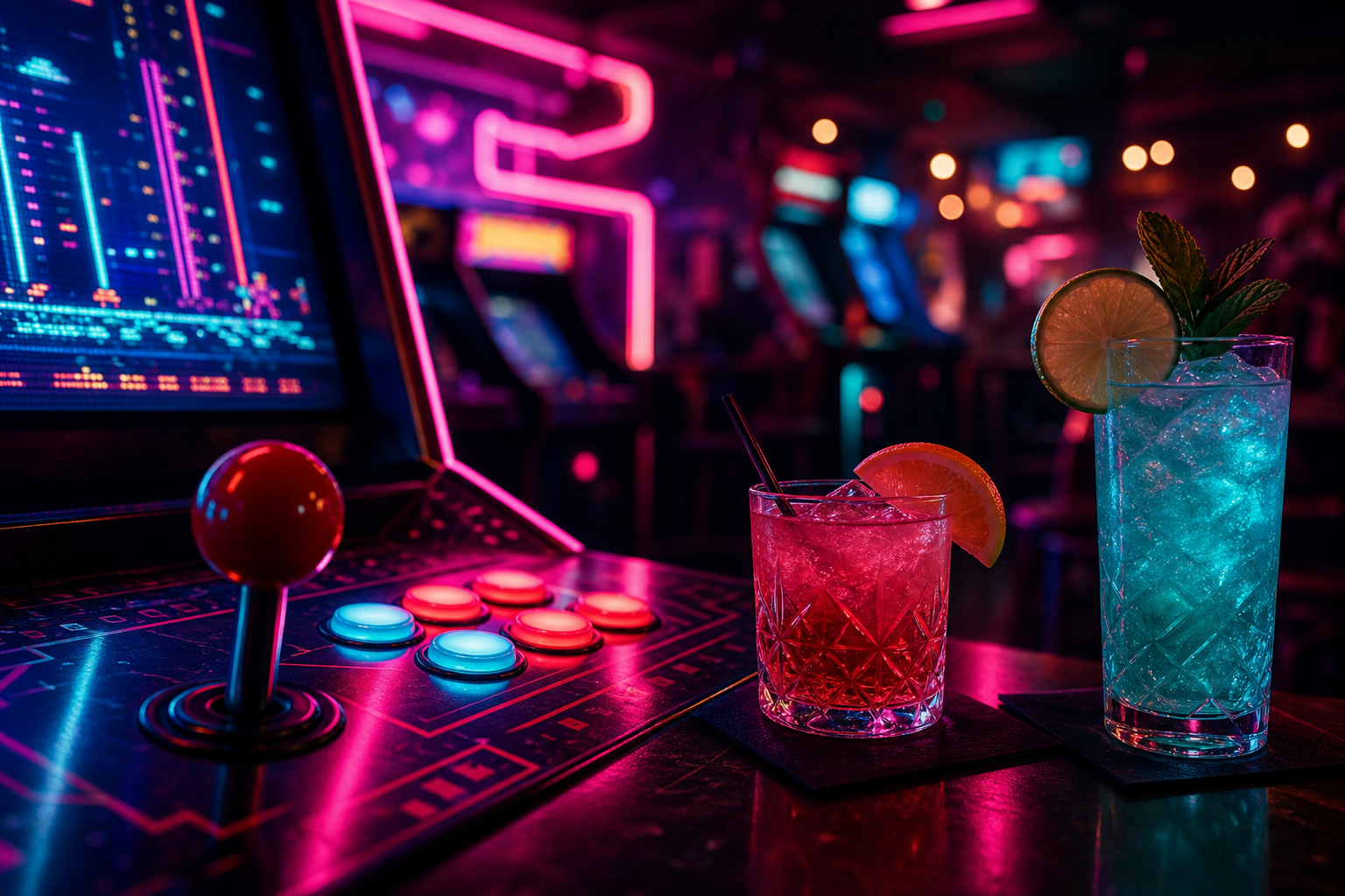 Close-up of a retro arcade control panel beside neon-lit cocktails at a lively nighttime bar