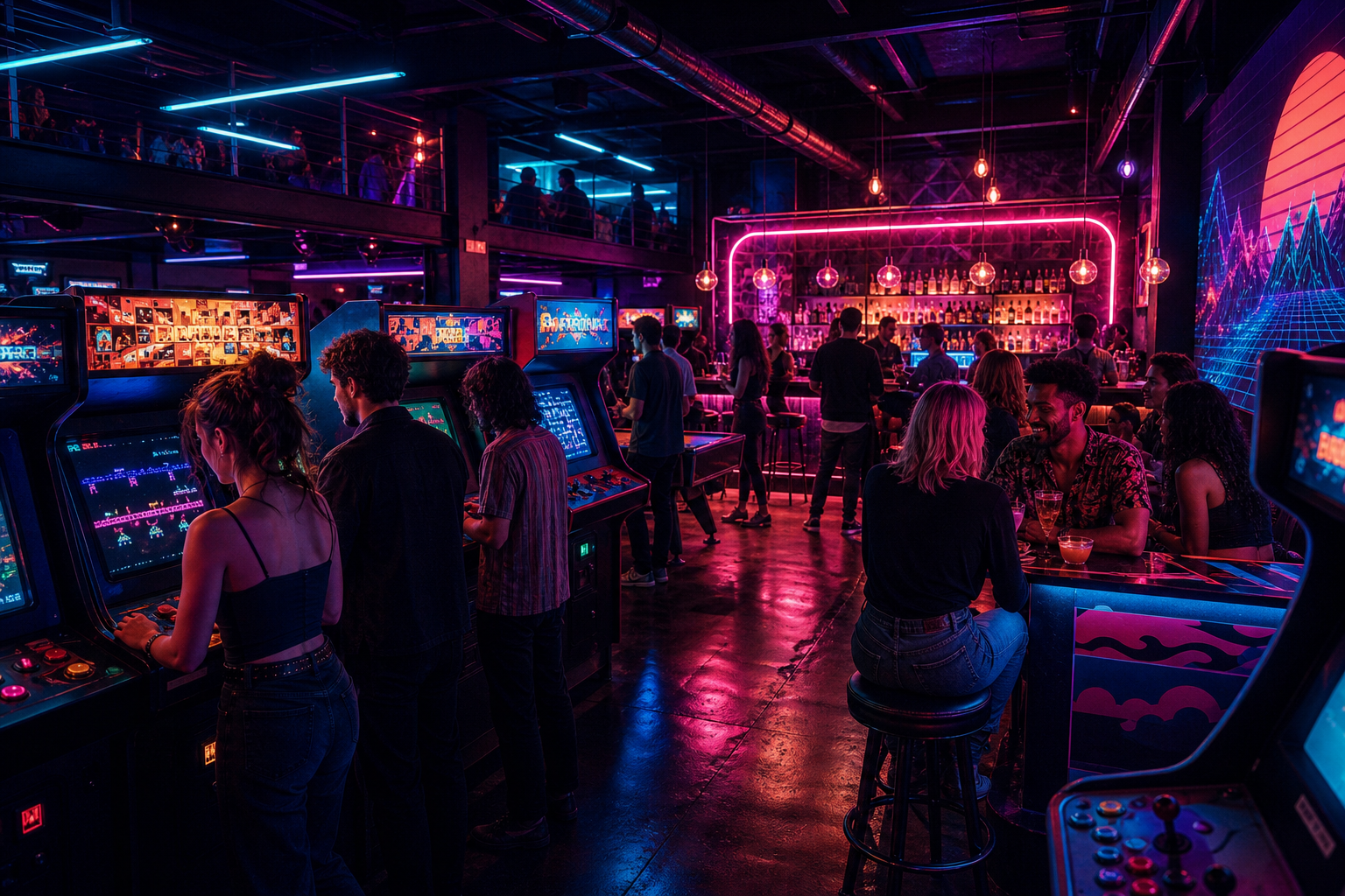 Neon-lit retro arcade bar interior with glowing game cabinets, cocktail bar highlights, and a lively late-night crowd atmosphere