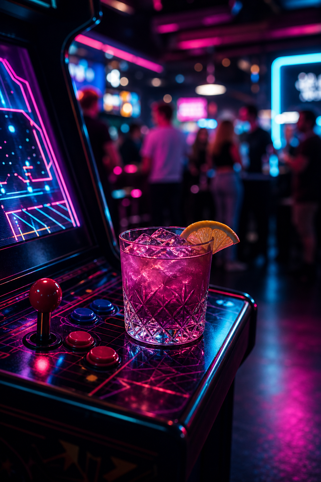 Close-up cocktail on an arcade cabinet with neon reflections and a lively crowd atmosphere behind