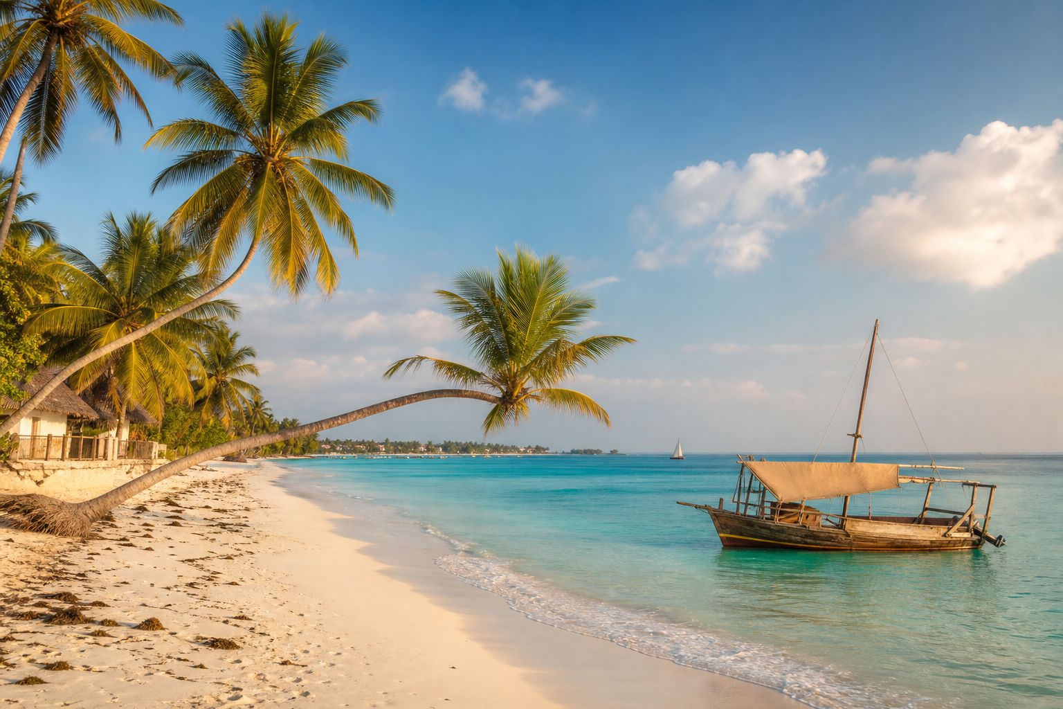 Palm-lined Zanzibar shoreline with turquoise water, white sand, and a traditional wooden dhow near the coast