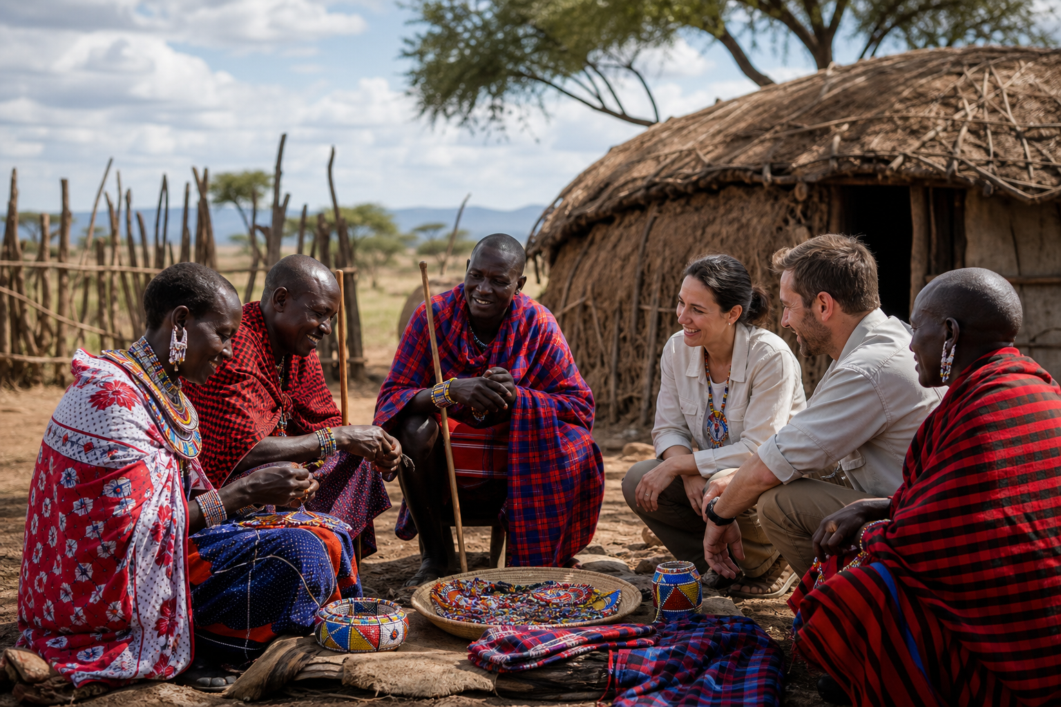 Local cultural exchange in northern Tanzania with Maasai hosts, vibrant textiles, and traditional homestead backdrop