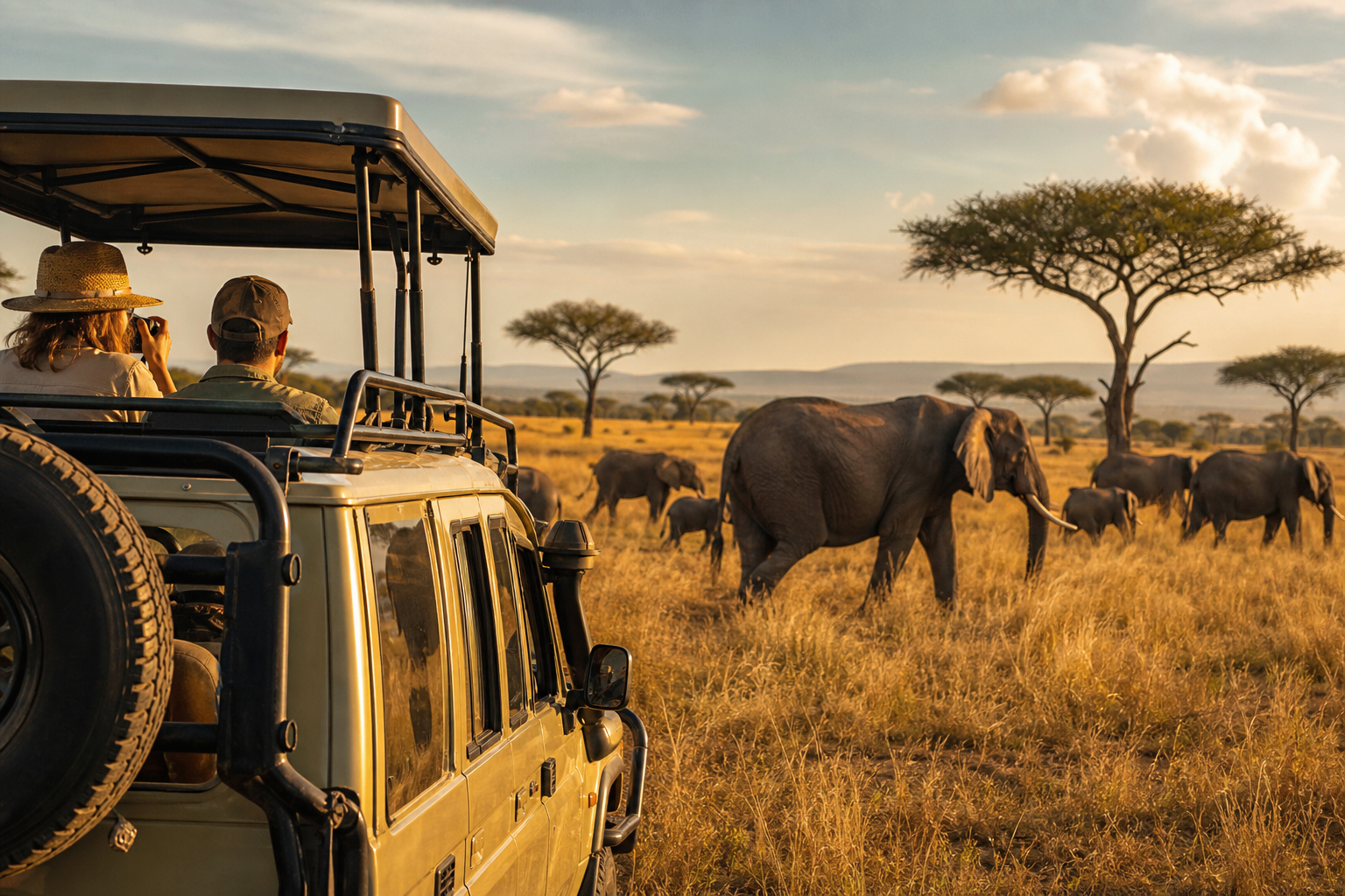 Open-roof safari vehicle watching elephants crossing golden Serengeti grassland under warm afternoon light