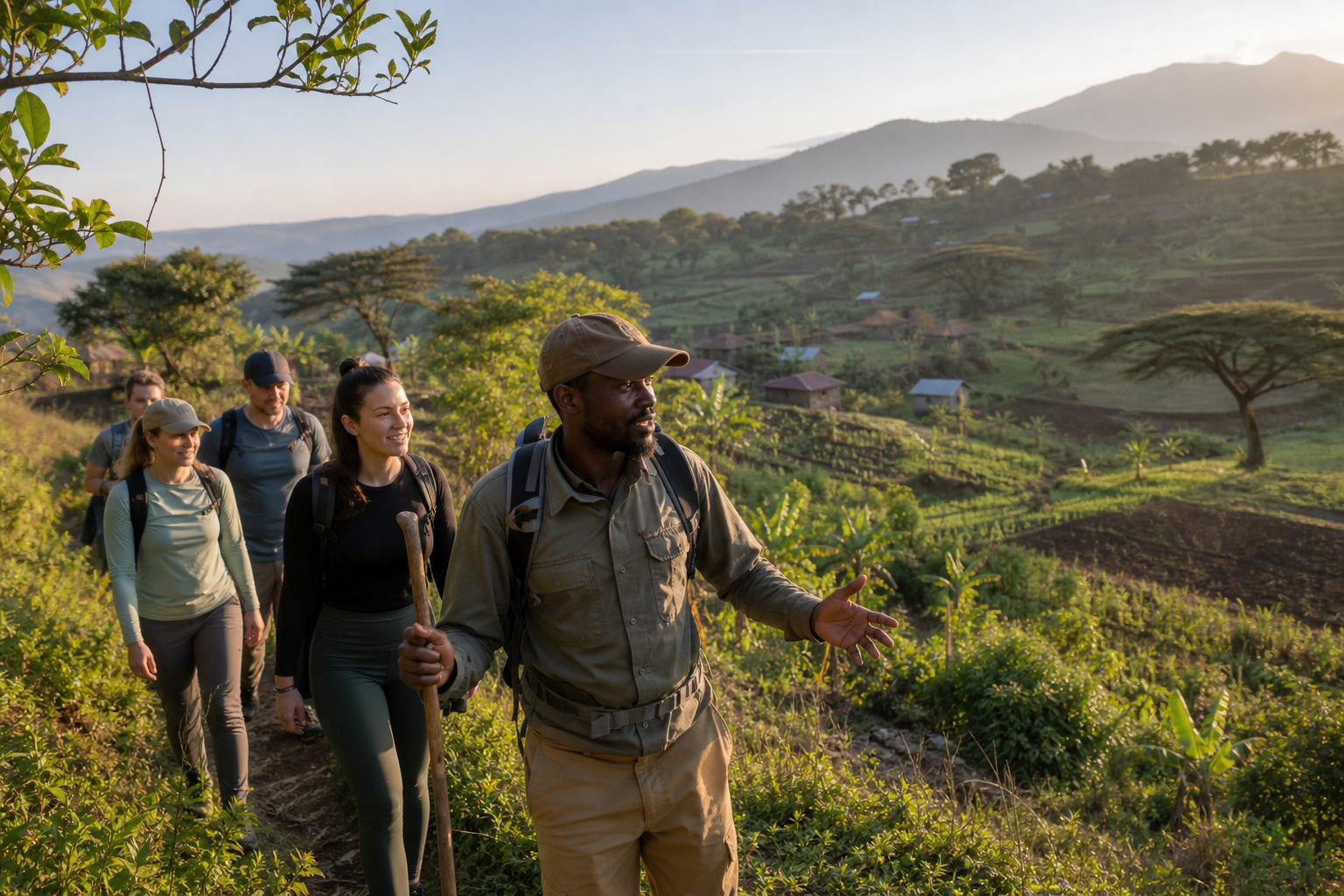 Local Tanzanian guide walking with travelers along a green hillside trail above village farmland at warm morning light
