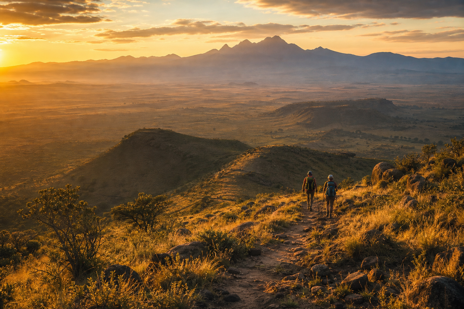 Cinematic Tanzania landscape with distant mountains, open plains, and two hikers walking along a sunlit ridge at golden hour