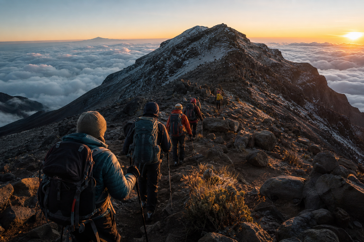 Guided high-altitude trekkers on a rocky Kilimanjaro ridge at sunrise with layered clouds below