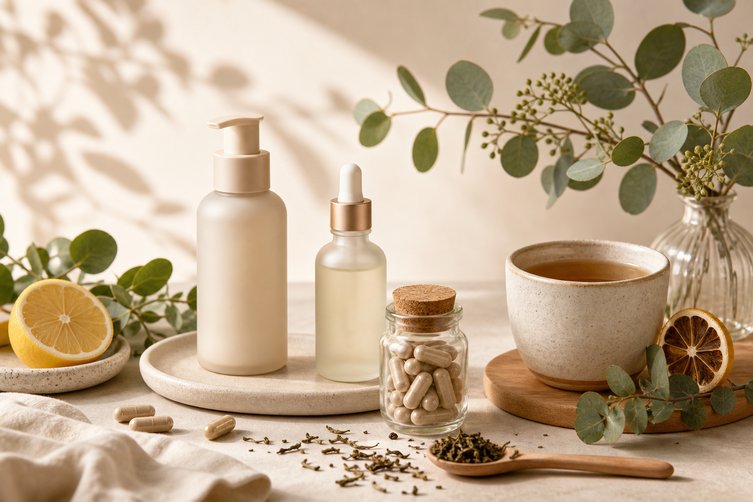 Soft still-life wellness arrangement with skincare bottles, tea ingredients, supplements, and botanical accents