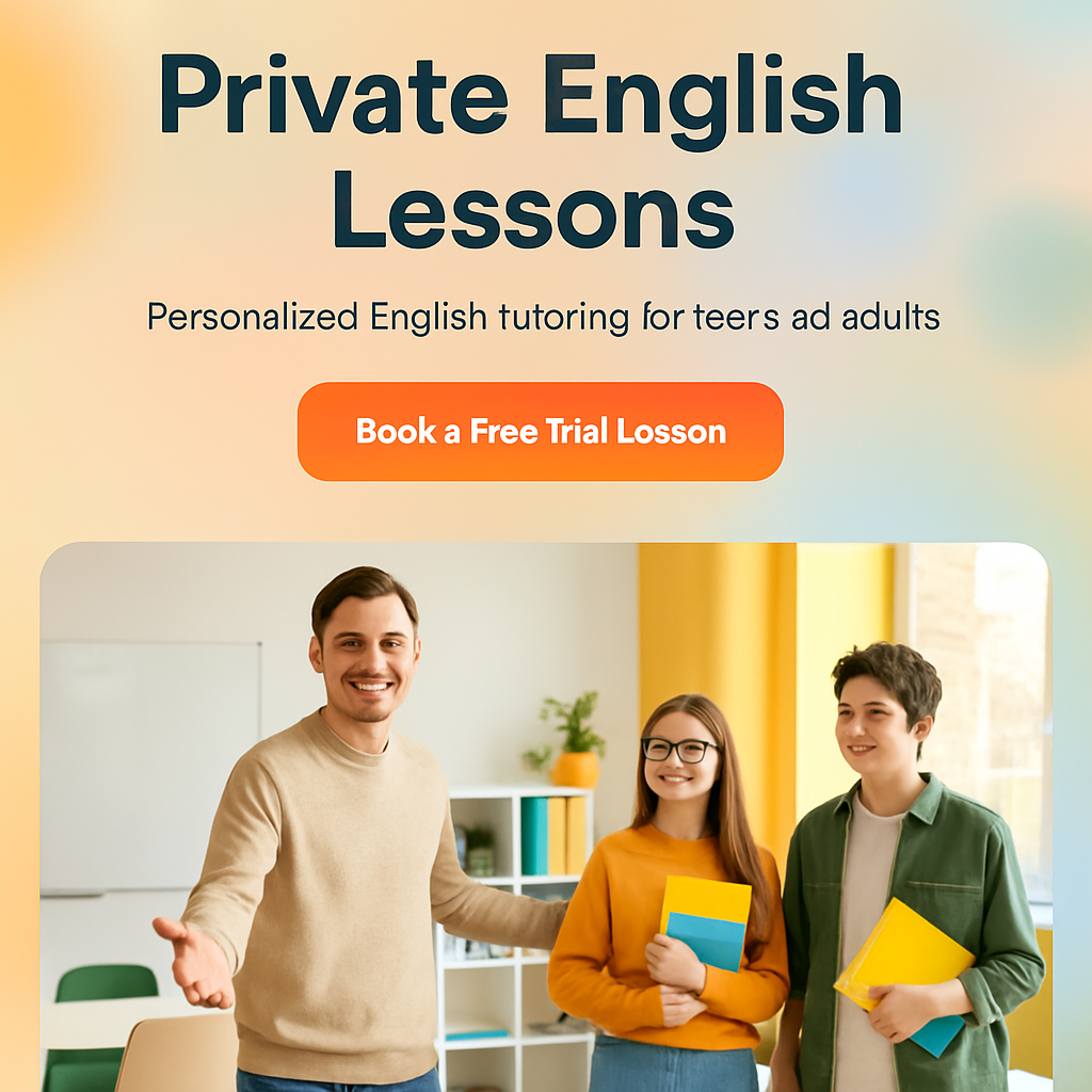 Friendly English tutor welcoming two teenage students with books and a smile, bright classroom background