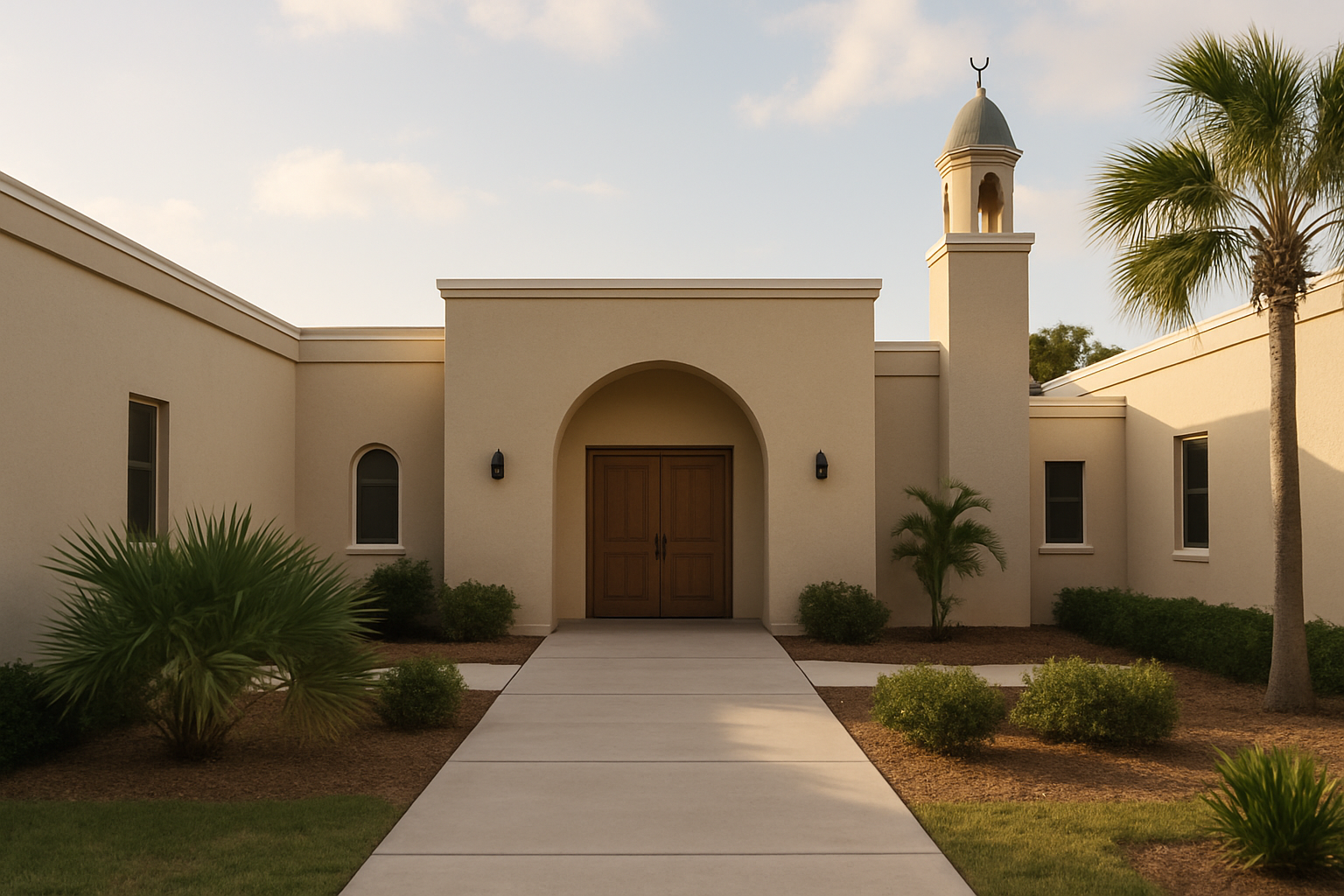 Sunlit entrance courtyard of a local Florida mosque with clean pathways, palm greenery, and a welcoming community-centered atmosphere