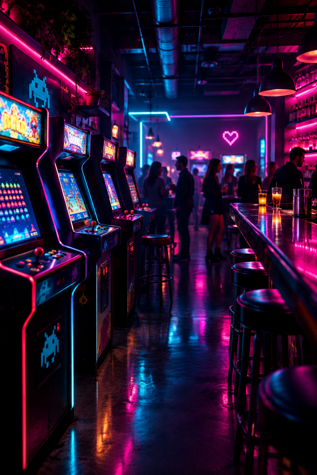 Neon-lit retro arcade bar corner with glowing cabinets, reflective bar surfaces, and a lively late-night social vibe