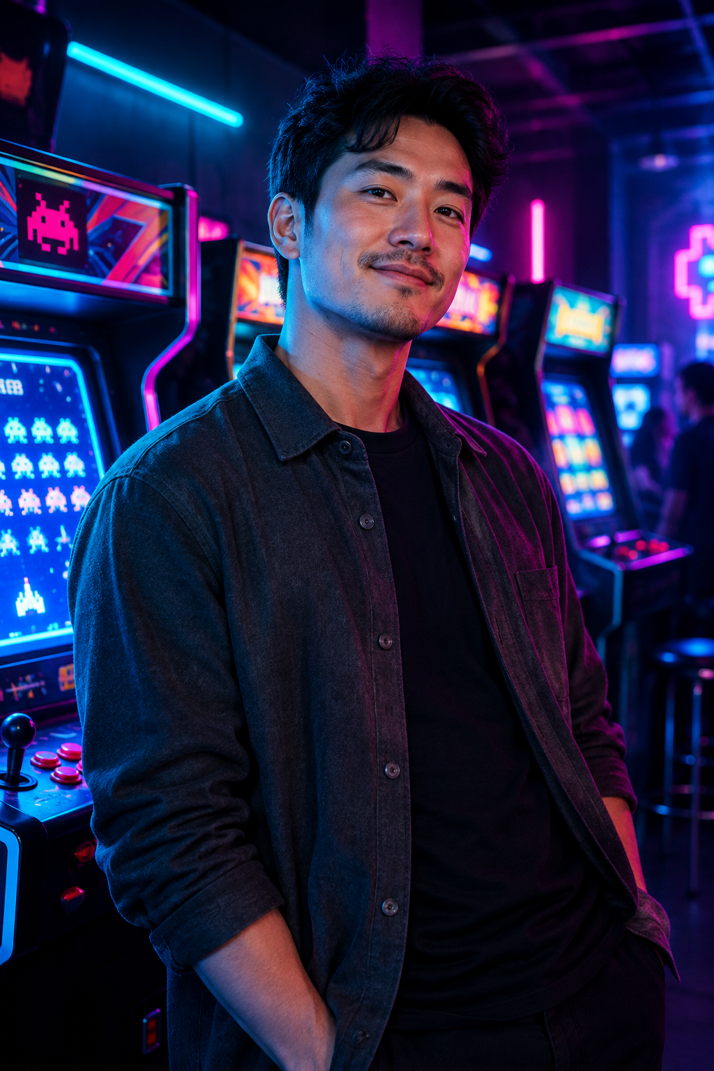 Portrait of Jordan Kim with confident expression, cyan glow from arcade machines and soft haze background.