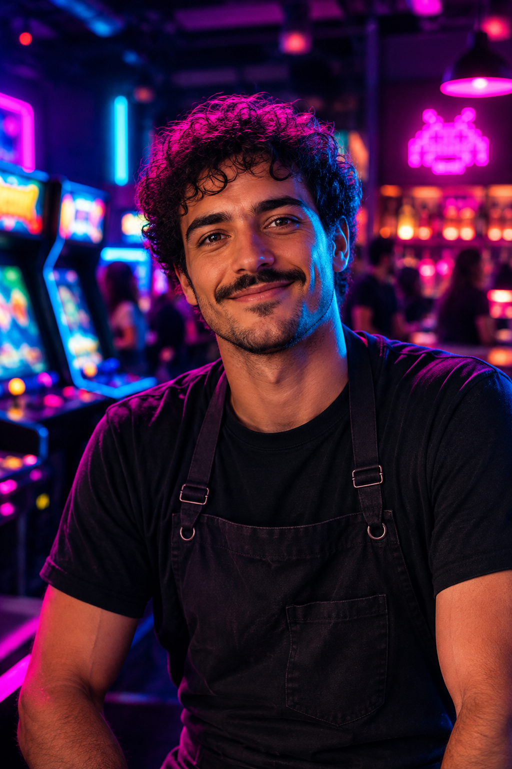 Portrait of Luca Moreno with warm smile, magenta neon accent and arcade lights behind.