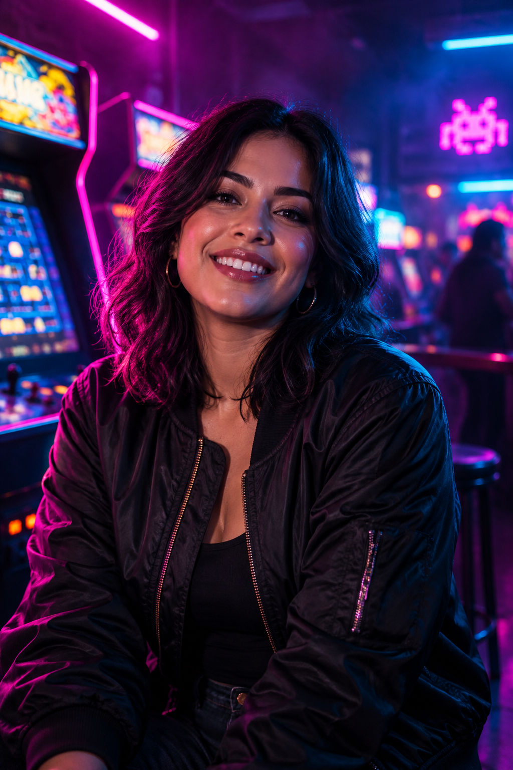 Portrait of Maya Reyes, smiling with magenta and cyan neon rim light in an arcade bar setting.
