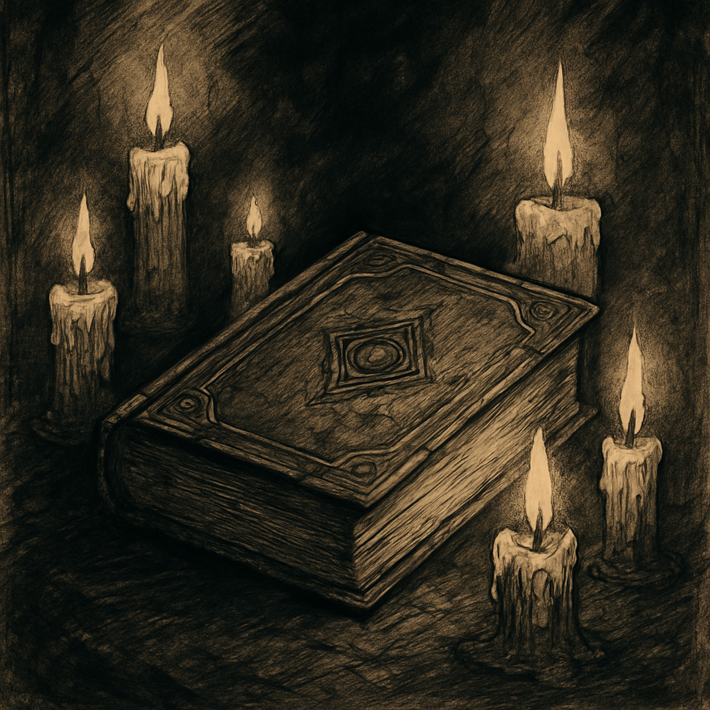 Hand-drawn gothic illustration of an old book surrounded by candles casting deep shadows