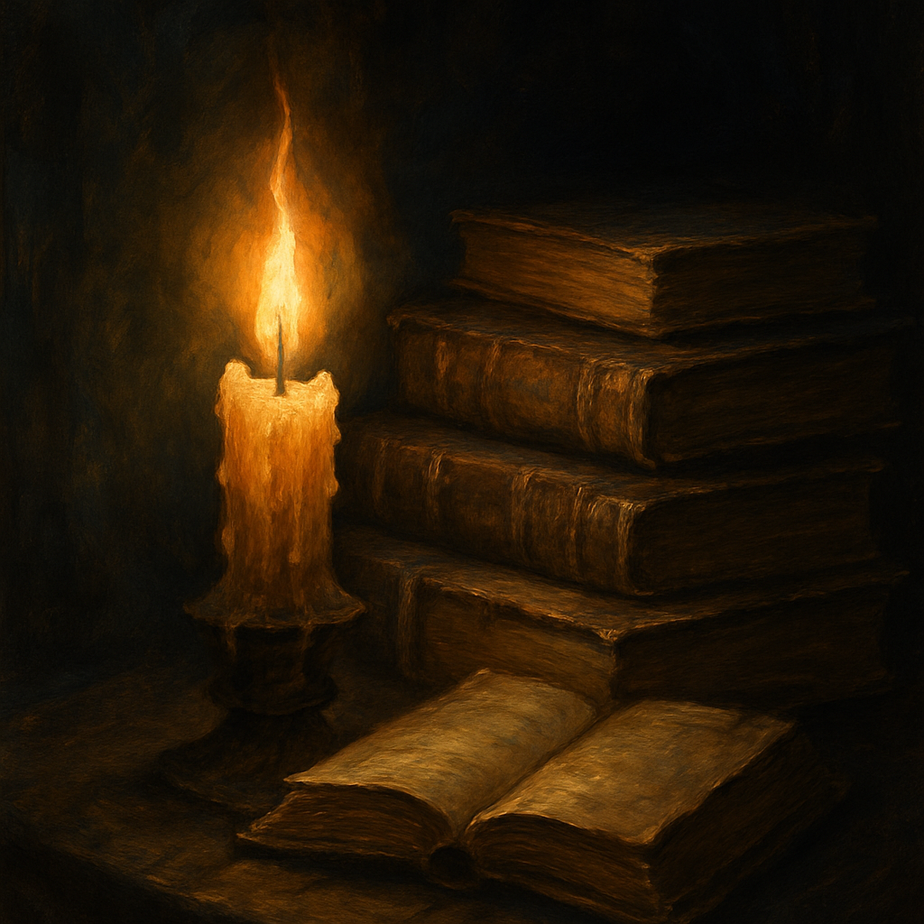 Fantasy illustration of a candle burning beside a stack of old books, midnight shadows in background