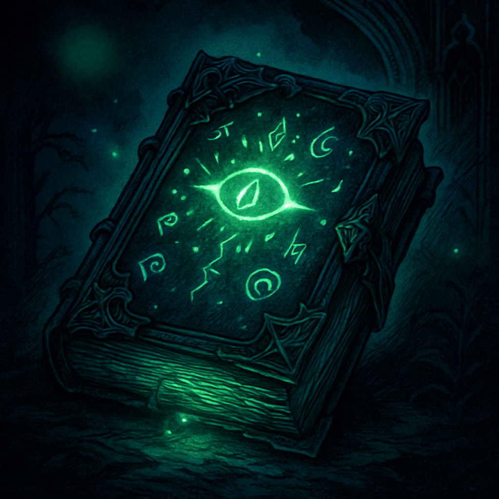 Enchanted tome glowing in the dark, with magical runes and gothic detailing