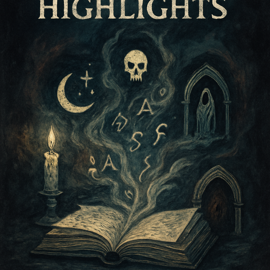 Gothic fantasy illustration of an open book with swirling mist and mysterious glyphs, genre icons emerging
