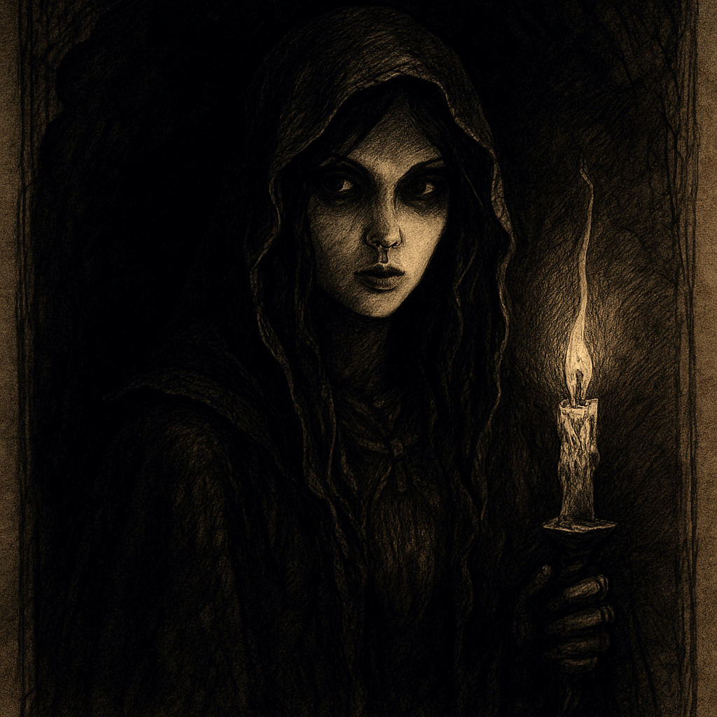 Hand-drawn portrait of a mysterious woman with gothic cloak and candlelight, fantasy style