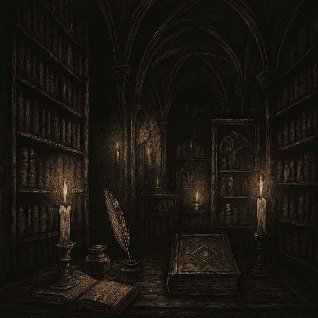 Gothic fantasy library scene with tall shelves, shadows, and candlelit ambiance