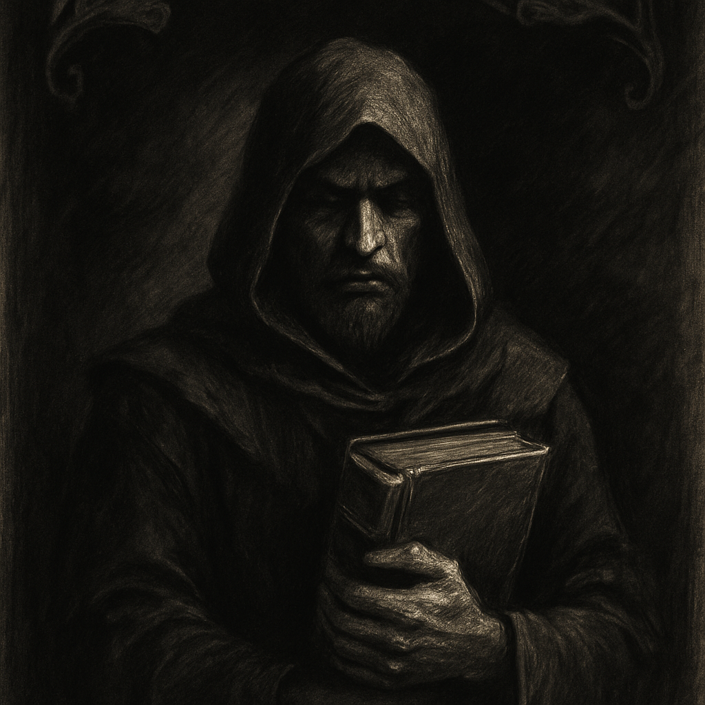 Hand-drawn portrait of a mysterious man with dark hood and old book, fantasy gothic style