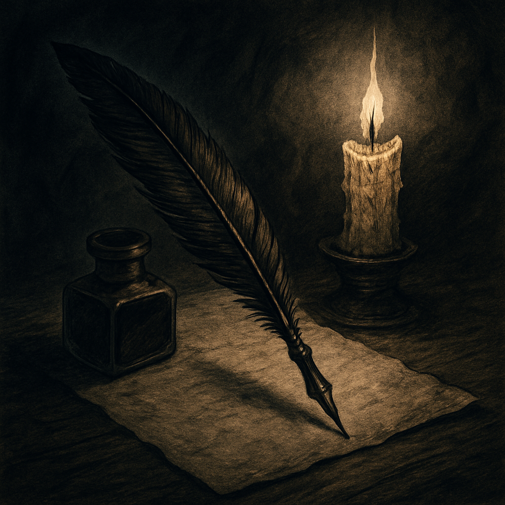 Illustrated gothic-style quill and inkpot with parchment, candlelight flickering nearby