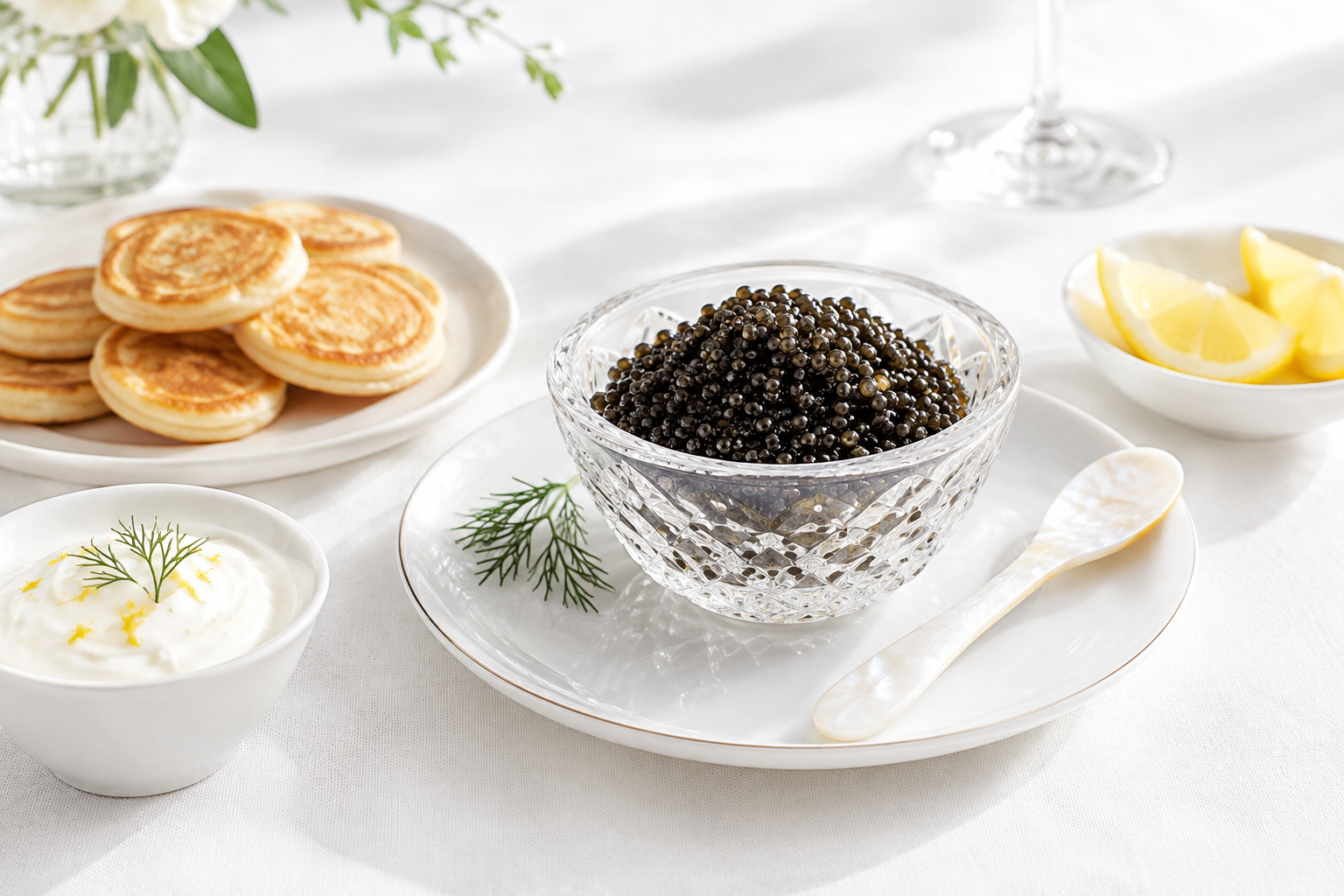 Bright premium caviar serving with crystal bowl, mother-of-pearl spoon, and chilled accompaniments on a white linen table