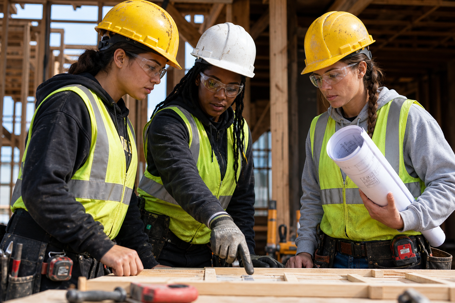 Three women in hard hats, safety glasses, and high-visibility vests reviewing plans at an active construction training site