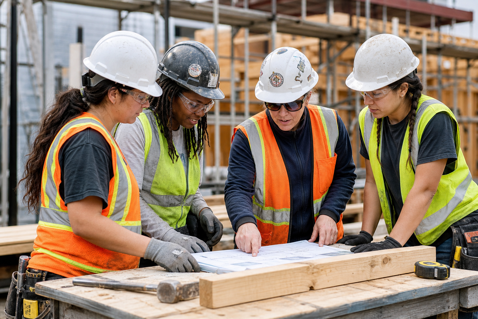 Women and supervisors reviewing plans at an active construction training site with tools and safety gear