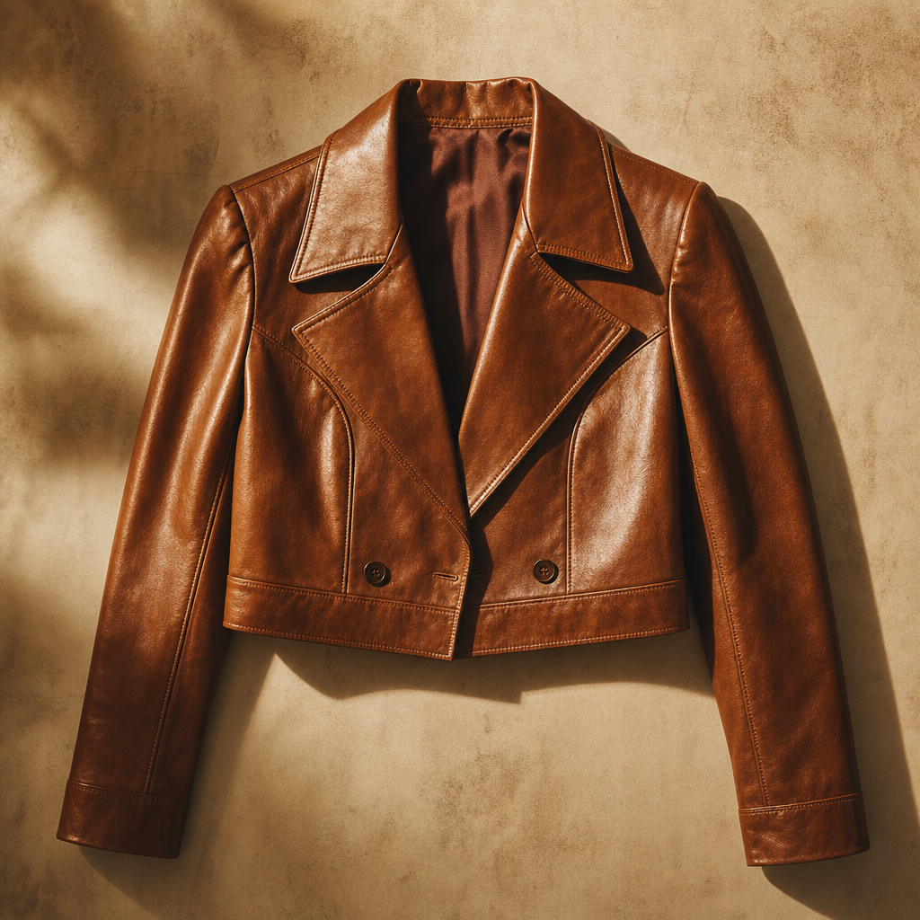 Cognac brown cropped leather jacket with wide lapels and vintage sheen on a neutral backdrop