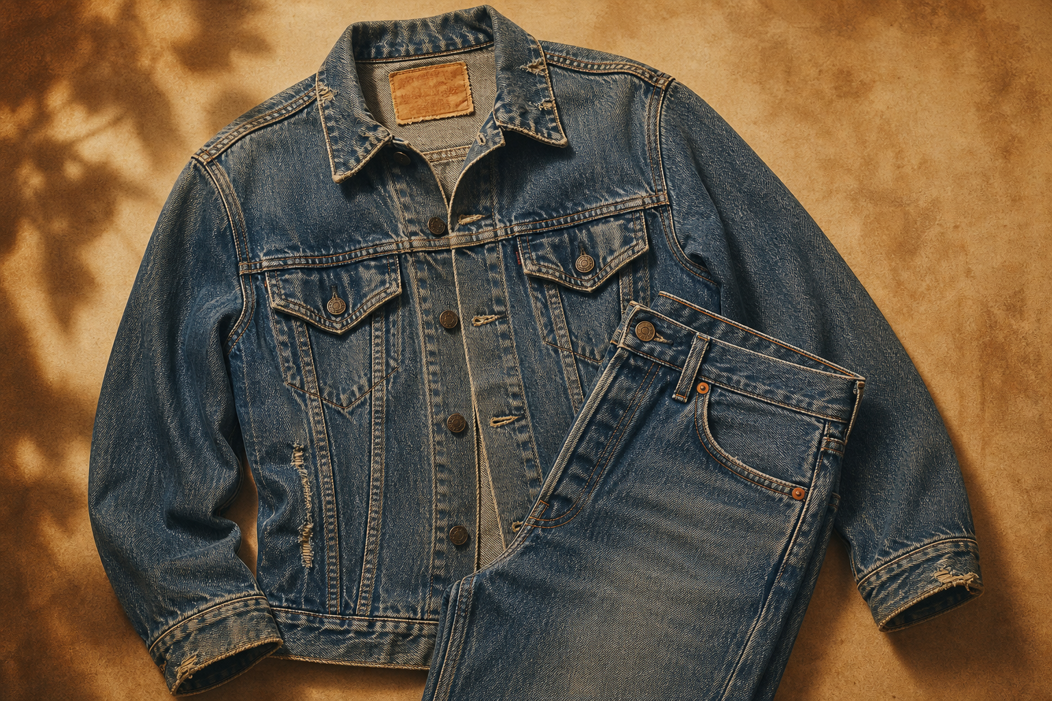 Vintage 1978 distressed denim jacket and high-rise jeans in a faded indigo wash, laid out on a warm studio backdrop