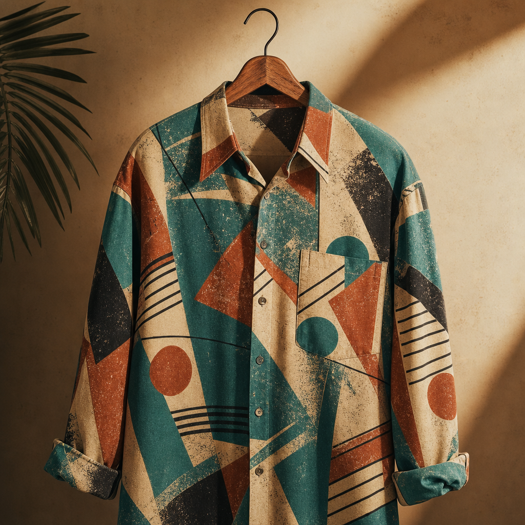 Bold 80s graphic print shirt with teal, rust, and cream geometric pattern on a hanger