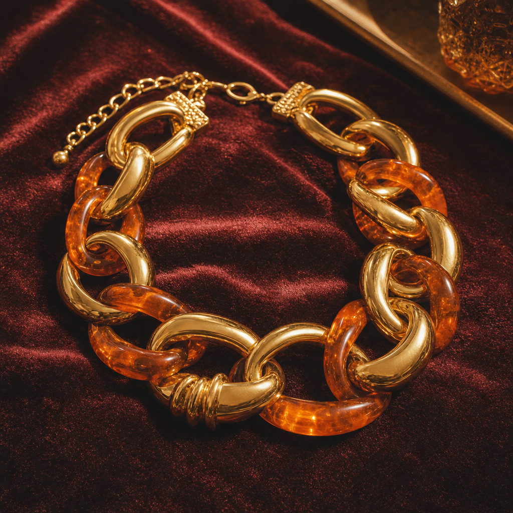 Chunky 80s statement necklace in gold and amber resin links on a velvet surface