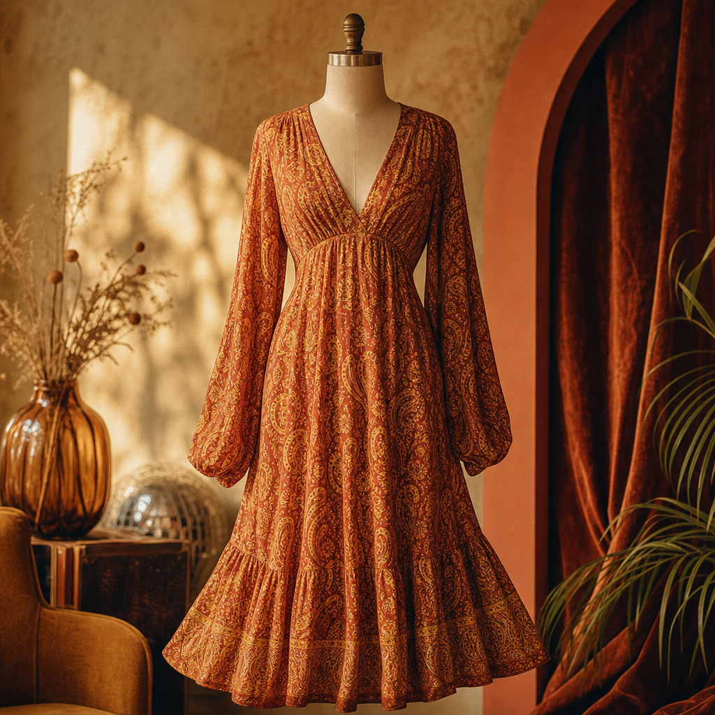 Flowy 70s midi dress in terracotta and sunflower tones with a subtle paisley print